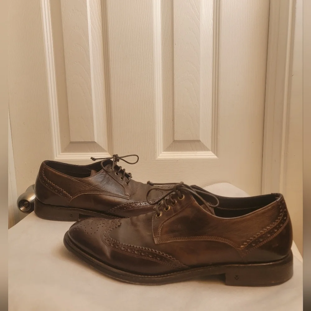 John Varvatos Luxe Leather Wingtip Oxford Shoes Mens 10M Dark Brown Casual Dress